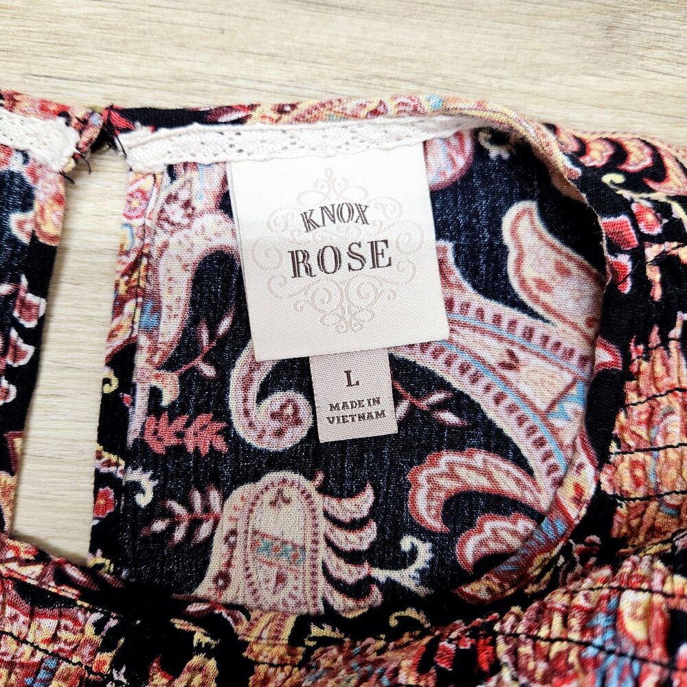 Knox Rose Womens Black Boho Floral Paisley Blouse Size Large Ruffles Longsleeve - Picture 8 of 9